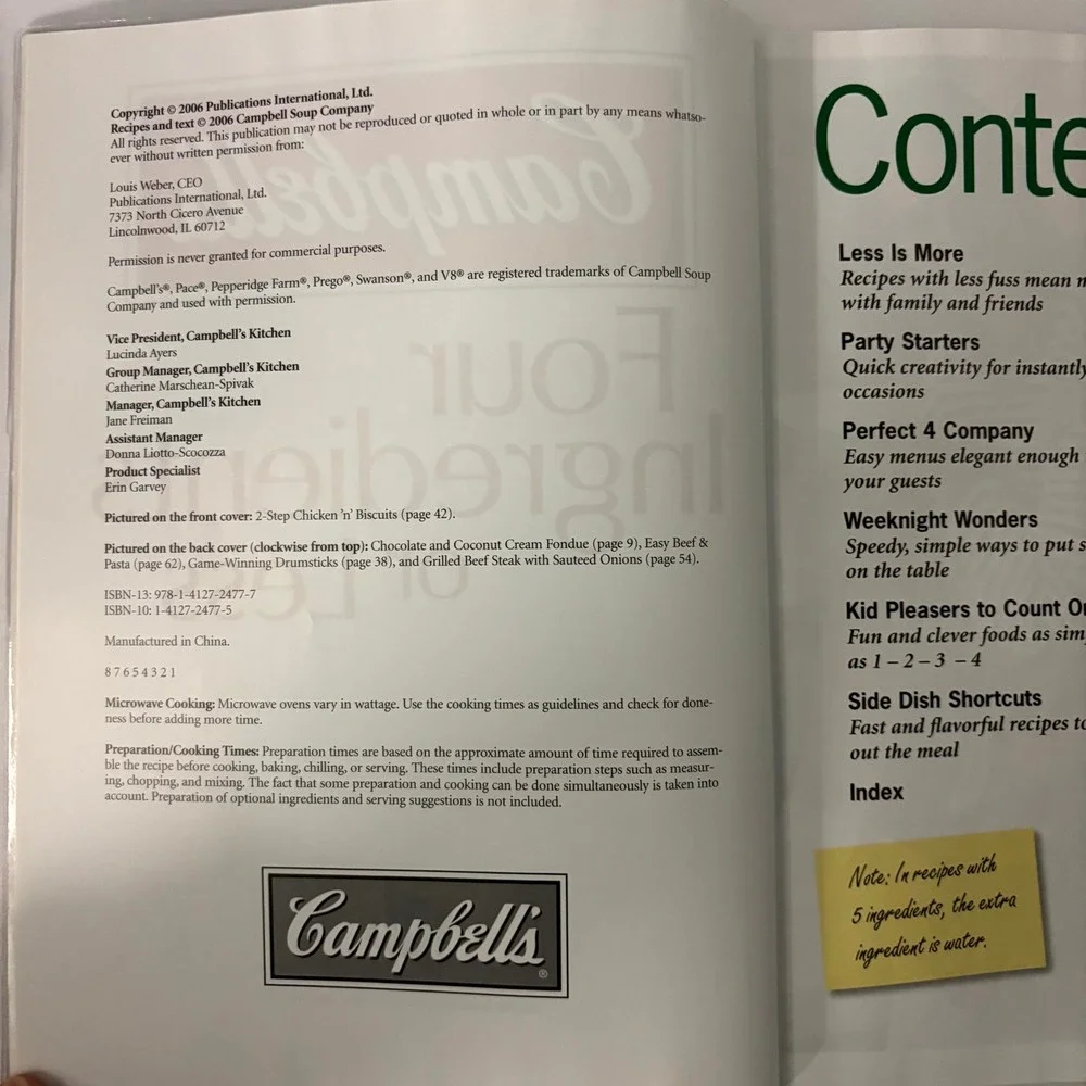 Campbell's 4 Ingredients or Less Cookbook 2006 Softcover Quick Easy Recipes